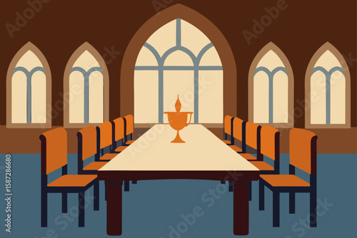 historical dining hall with long oak table