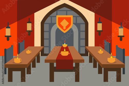 medieval inspired banquet hall with wooden table