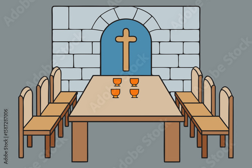 monastery style stone dining room with heavy wood