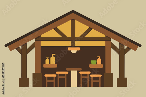 rustic tavern with aged wood beams and handmade