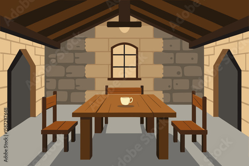 rustic wooden dining table in old stone walled