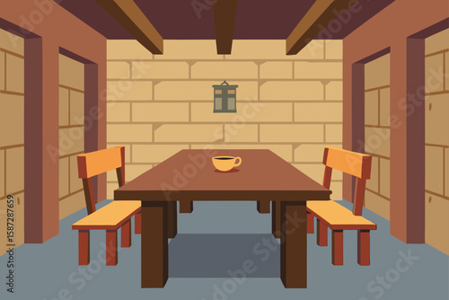 rustic wooden dining table in old stone walled