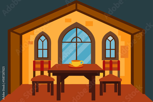 tudor style wooden interior with dining setup