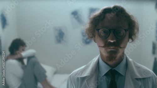 Male psychiatrist looking seriously into camera under flickering light in mental hospital ward with distressed patient sitting curled on bed in background. Video portrait