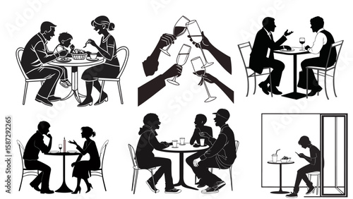 Vector collection of diner silhouettes showing people eating and socializing in restaurant and cafe scenes.