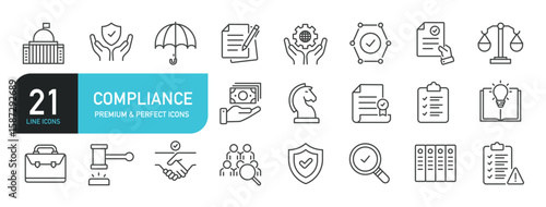 Set of line icons related to compliance, government, social policy. Outline icons collection. Editable stroke. Vector illustration