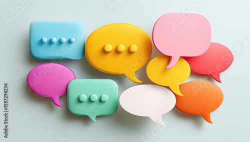 Colorful speech bubbles, various shapes and sizes, light background