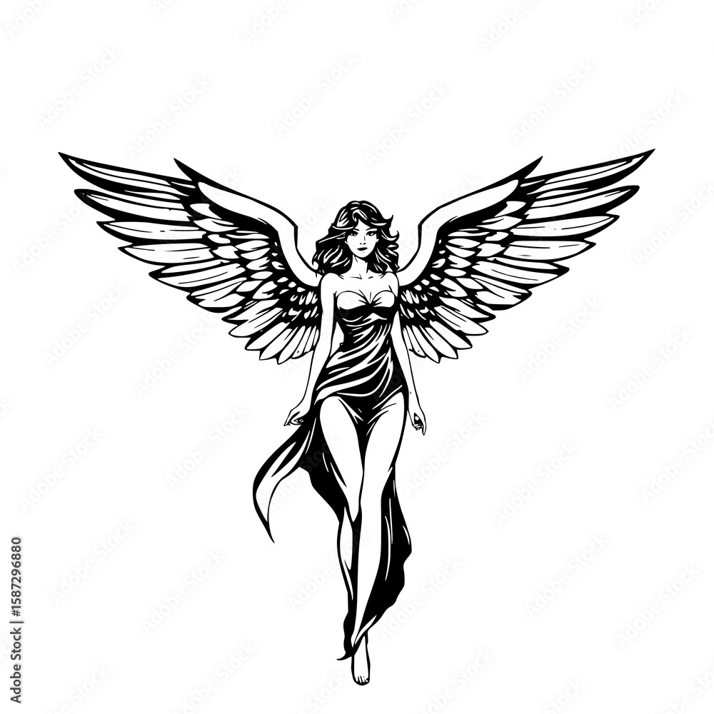Obraz premium Angelic Beauty: A striking monochrome illustration of a graceful angel with large wings and flowing dress, rendered in bold line art style.