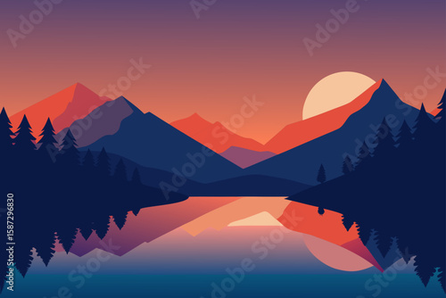 Sunset mountain landscape, serene nature scenery, peaceful lake reflection, colorful evening sky