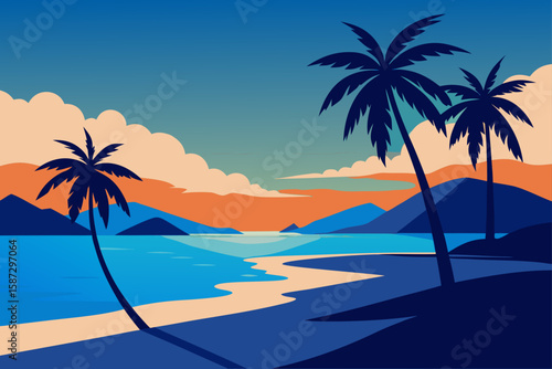 Tropical beach, palm trees, sunset landscape, vector illustration, blue orange hues