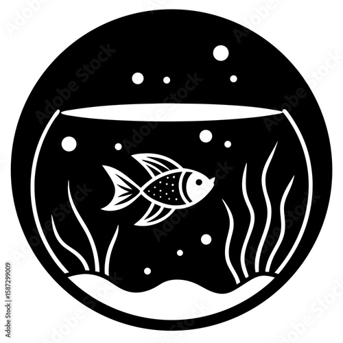 Fish bowl aquatic life pet tank plant seaweed silhouette vector illustration