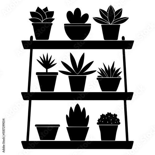 Potted succulents displayed on shelf plant silhouette vector illustration