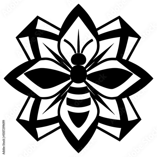Stylized bee on abstract floral pattern silhouette vector illustration
