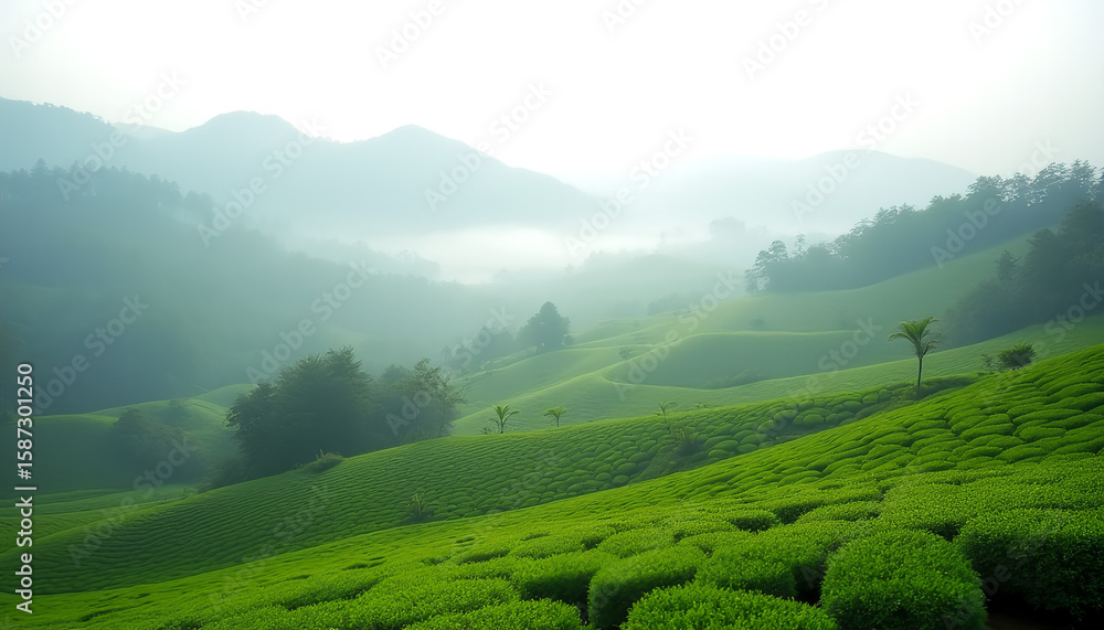 Obraz premium Misty Cameron Highlands Tea Plantations with Fog and Soft Light