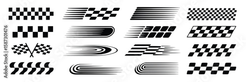 Racing Stripes and Checkered Flag Vector Set Featuring Speed Lines and Car Decals Perfect for Motorsport Graphics, Auto Wraps, Competition Design, and High-Speed Vehicle Projects

