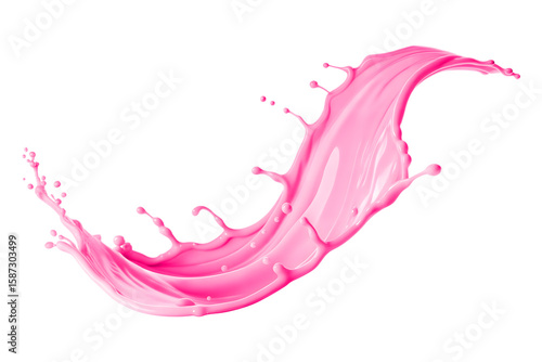 Vibrant pink liquid splash with droplets and smooth curves isolated on transparent background