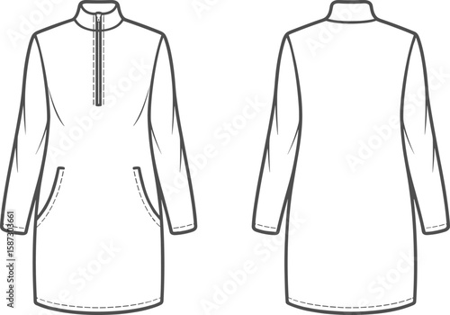 Technical flat sketch of long sleeve tunic dress with high neck, half zipper front, side pockets, front and back vector view.