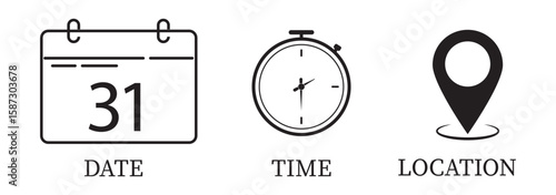 Time, Date, Address and Location icon Blue and Black color. Vector illustration, Event elements sign symbol. Date symbol, Time symbol , Address symbol, date sign, calendar sign, location sign. Eps 10