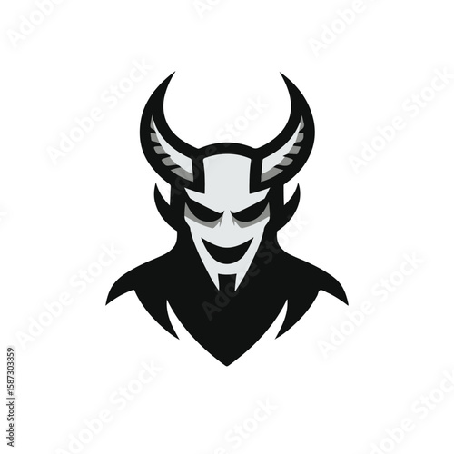 Demonic Emblem: A stark, artistic depiction of a sinister entity with imposing horns and an unsettling grin, set against a minimalist backdrop.