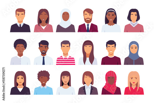 Diverse Portraits: A collection of eighteen minimalist portraits, each uniquely diverse in ethnicity, attire, and style.