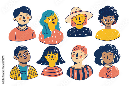 Photos Diverse Human Portraits: An engaging illustration featuring eight distinct portraits of various humans, each with unique expressions and individualistic styles