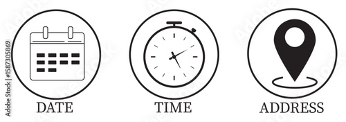 Time, Date, Address and Location icon Blue and Black color. Vector illustration, Event elements sign symbol. Date symbol, Time symbol , Address symbol, date sign, calendar sign, location sign. Eps 10