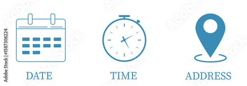 Time, Date, Address and Location icon Blue and Black color. Vector illustration, Event elements sign symbol. Date symbol, Time symbol , Address symbol, date sign, calendar sign, location sign. Eps 10