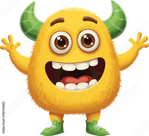 Cute yellow cartoon monster with green striped horns, big eyes, wide happy smile, fluffy texture, isolated vector character for kids