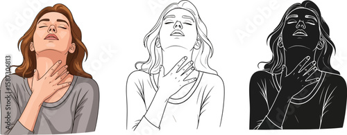 Artistic depiction shows a woman with throat pain in three distinct color styles, illustrating illness and potential health concerns.