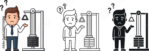 Confused businessman character stands next to weightlifting machine with various drawing styles, expressing frustration and bewilderment.