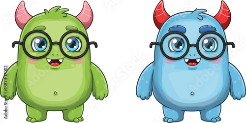 Cute cartoon monsters with glasses, green and blue characters smiling with horns, adorable fantasy creatures, isolated vector illustration for kids
