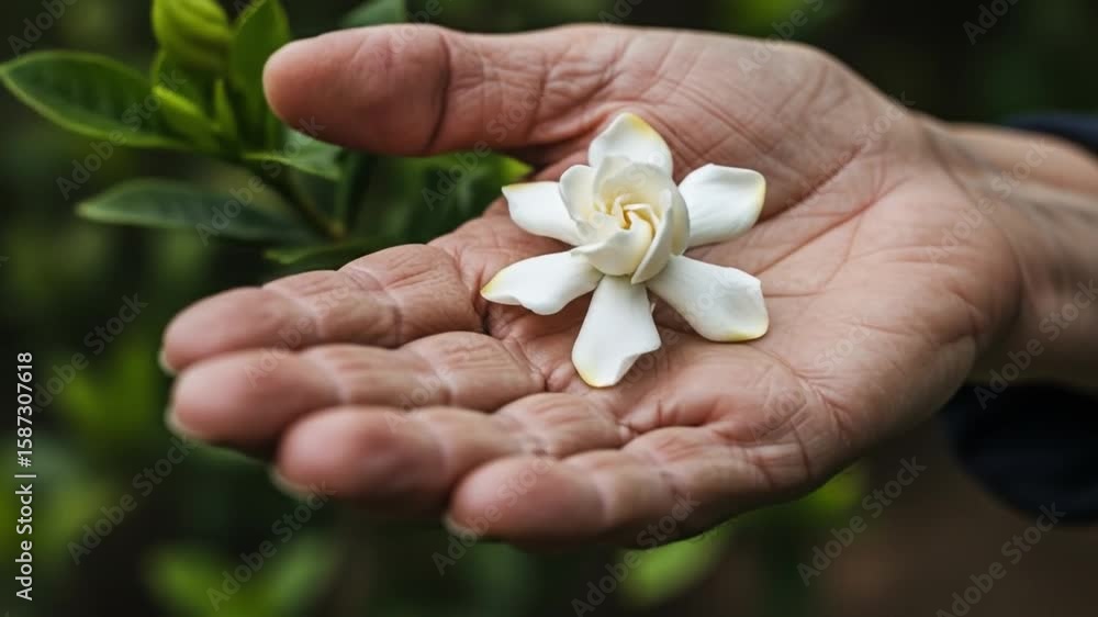 A wrinkled hand holds a white flower with green foliage blurred in the background A wrinkled hand holds a white flower with green foliage blurred in the background