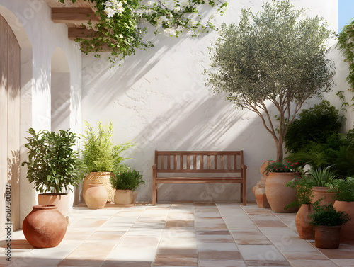 Fototapeta Naklejka Na Ścianę i Meble -  Mediterranean courtyard garden with a wooden bench.
