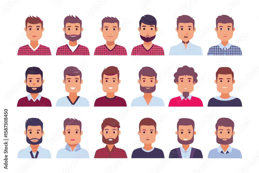 Beard and hair styles collection: A vibrant illustration showcasing a diverse collection of men's faces, each adorned with distinct hairstyles and beard styles. Beard and hair styles collection: A vibrant illustration showcasing a diverse collection of men's faces, each adorned with distinct hairstyles and beard styles.