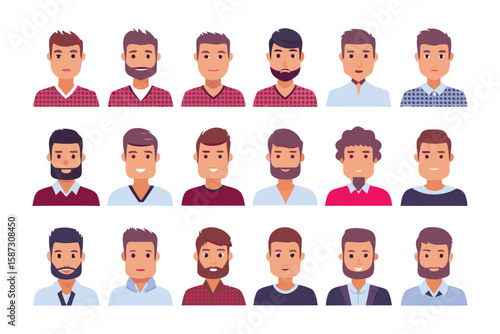 Beard and hair styles collection: A vibrant illustration showcasing a diverse collection of men's faces, each adorned with distinct hairstyles and beard styles.