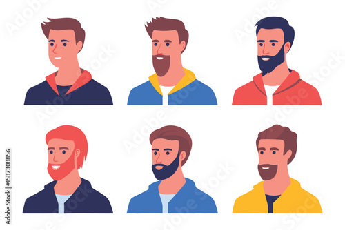 Diverse Men's Portraits: A set of six distinctive male portraits, showcasing varied hairstyles, facial hair styles, and expressions, each exuding a unique personality and charm.