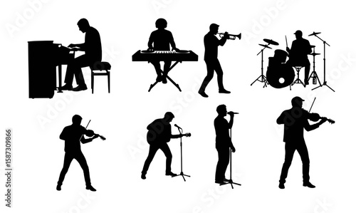 Silhouette musicians playing different instruments