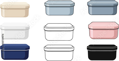 Different color lunchboxes or food containers shown on a white background, suitable for meal prepping or food storage