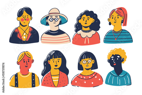 Diverse Portrait Collection: A vibrant collection of illustrated portraits, each representing a unique individual. This artwork radiates inclusivity, diversity, and the beauty of human expression.
