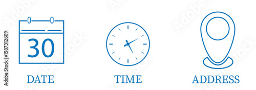 Time, Date, Address and Location icon Blue and Black color. Vector illustration, Event elements sign symbol. Date symbol, Time symbol , Address symbol, date sign, calendar sign, location sign. Eps 10