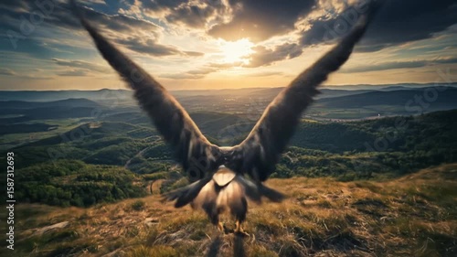 Eagle Taking Flight at Sunset Over Mountains