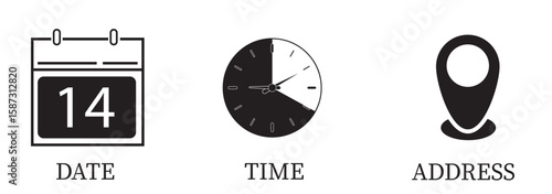 Time, Date, Address and Location icon Blue and Black color. Vector illustration, Event elements sign symbol. Date symbol, Time symbol , Address symbol, date sign, calendar sign, location sign. Eps 10