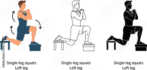 Three styles showcasing single leg squats with a man performing the left leg exercise for fitness