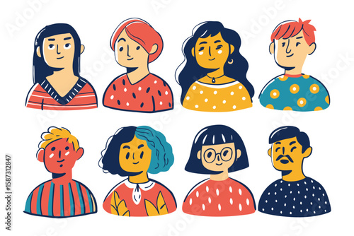 Diverse Portraits: A vibrant collection of portraits showcasing individuality and the beauty of human diversity, each radiating character and charm in a flat, artistic style.