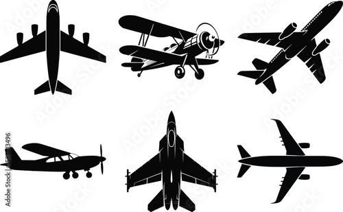Silhouette vector illustration of assorted airplanes including biplane, jet, and small aircraft in black on white background.