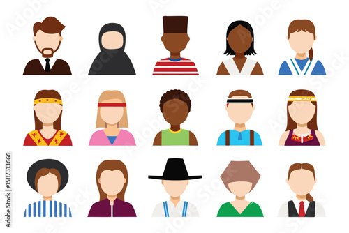 Diverse Faces: A vibrant array of cultural icons representing the kaleidoscope of global citizenry, their distinctive features reflecting heritage, traditions.