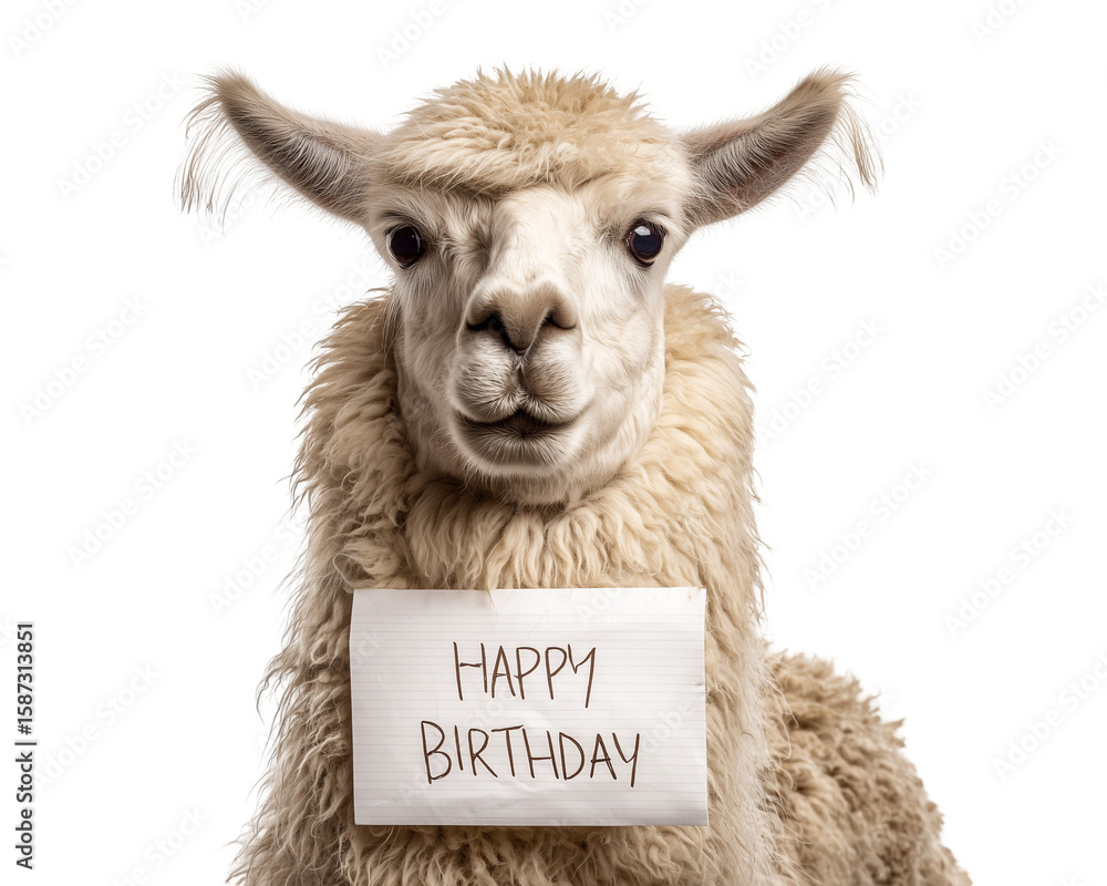 Fototapeta premium Fluffy llama holding birthday message