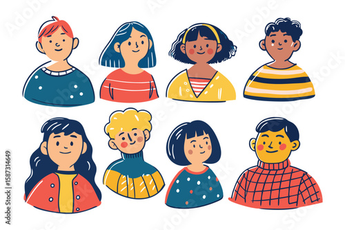 Cartoon Portrait Collection: A vibrant collection of diverse cartoon portraits. These portraits showcase a variety of different individuals, each with unique features and expressions.