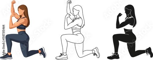 Strong woman illustration showing her arm muscle in three style variations, exercise for fitness and health.