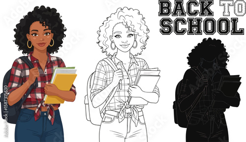 Back to school illustration of an African American student with books and backpack, showing color, line drawing, and silhouette variations.